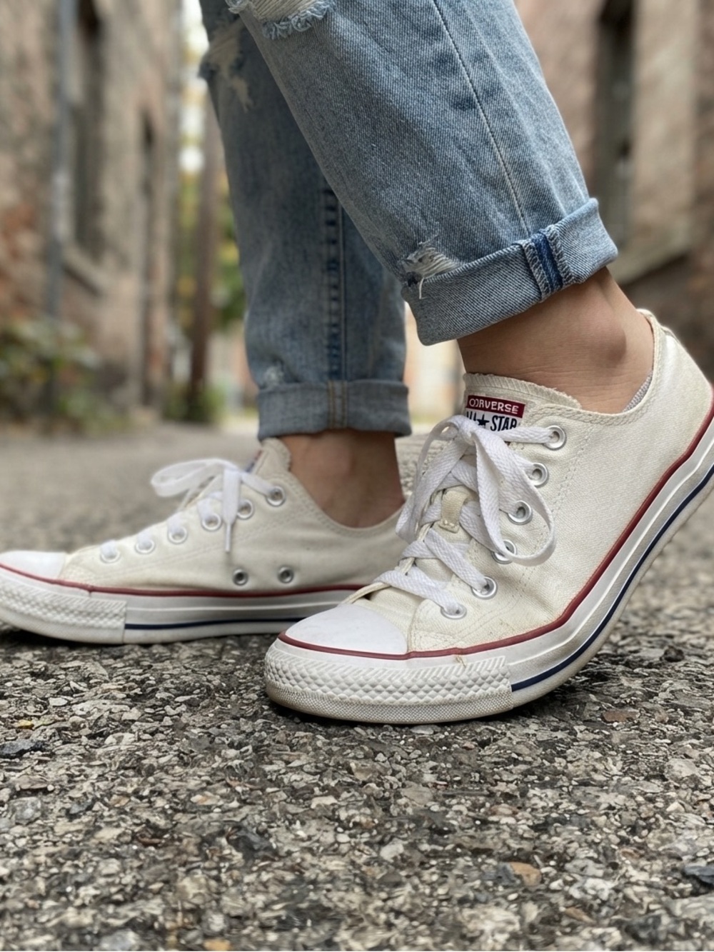 Converse Women's Low Top Sneakers - White with Red Trim
